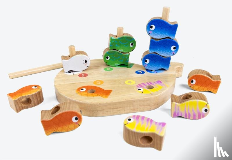  - Genechten*4 in 1 Houten spel Klein wit visje. Stapel, hengel, tel en rijg