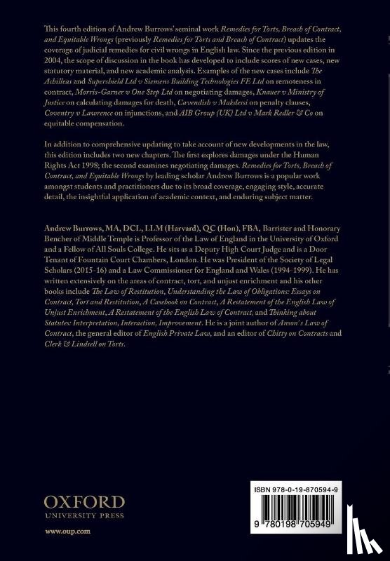 Burrows QC FBA, Andrew (Barrister and Honorary Bencher of Middle Temple; Professor of the Law of England and Fellow of All Souls College - Remedies for Torts, Breach of Contract, and Equitable Wrongs