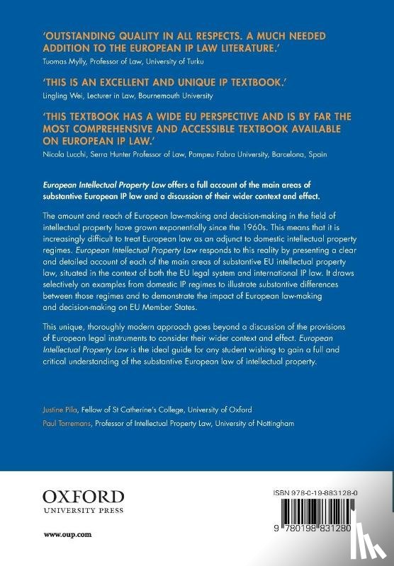 Pila, Justine (Fellow and Senior Law Tutor of St Catherine's College, Torremans, Paul (Professor of Intellectual Property Law - European Intellectual Property Law
