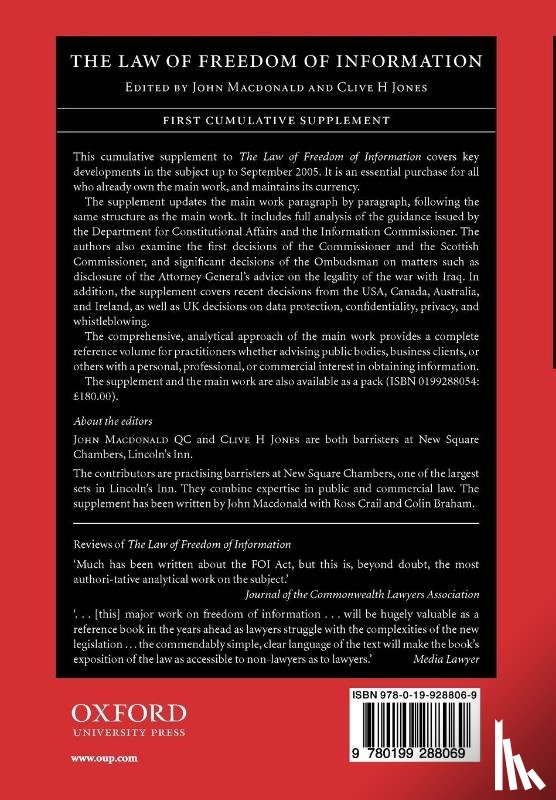 Macdonald, John (Barrister, Braham, Colin - The Law of Freedom of Information: First Cumulative Supplement