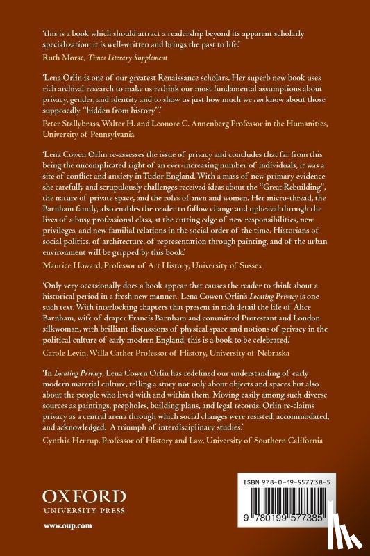Orlin, Lena Cowen (Presidential Research Professor of English at the University of Maryland Baltimore County - Locating Privacy in Tudor London