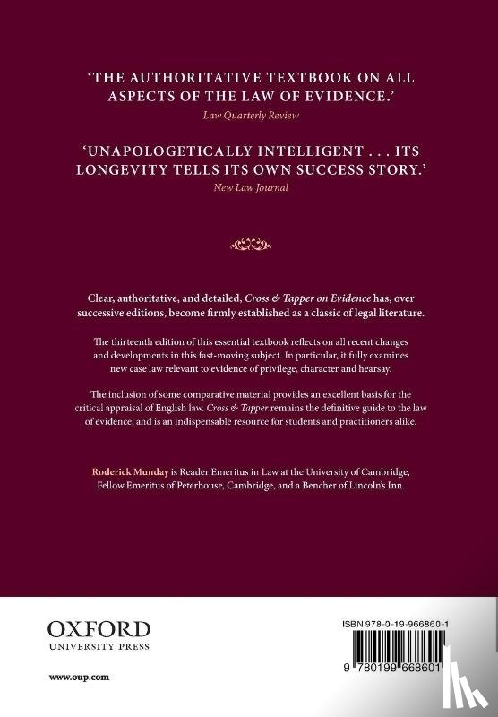 Munday, Roderick (Reader Emeritus in Law - Cross & Tapper on Evidence