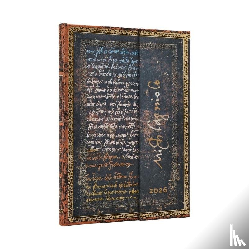 Paperblanks - 2026 Michelangelo, Handwriting (Embellished Manuscripts Collection) Midi 12-month Vertical Hardcover Flexi Dayplanner 2026 (Wrap Closure)