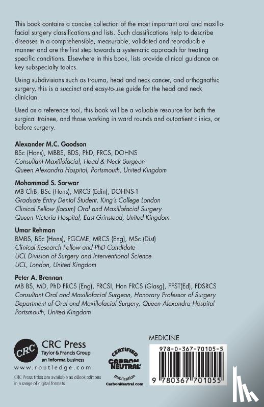 Goodson, Alexander, Sarwar, Mohammad, Rehman, Umar, Brennan, Peter A. (Queen Alexandra Hospital - Classifications and Lists in Oral and Maxillofacial Surgery
