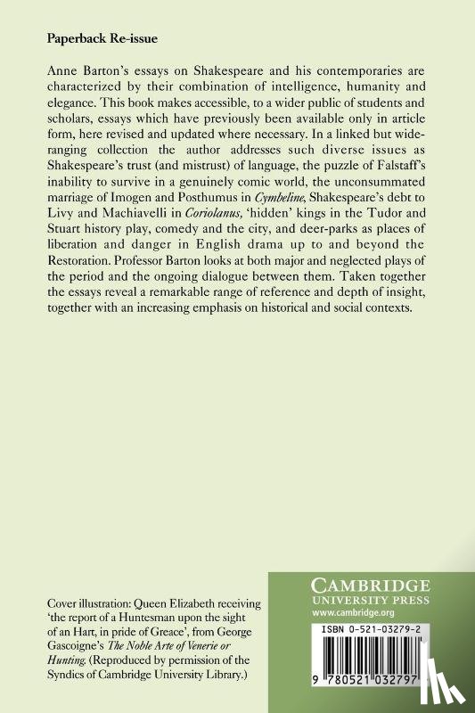 Barton, Anne (University of Cambridge and Trinity College - Essays, Mainly Shakespearean