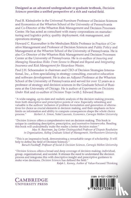 Kleindorfer, Paul R. (Anheuser Busch Professor of Management Science (Emeritus), Kunreuther, Howard G. (University of Pennsylvania), Schoemaker, Paul J. H. - Decision Sciences