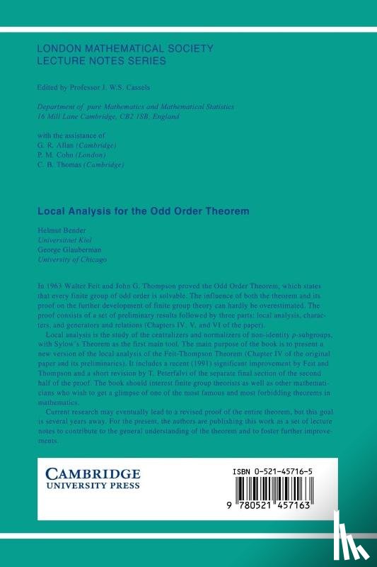 Bender, Helmut (Christian-Albrechts Universitat zu Kiel, Glauberman, George (University of Chicago) - Local Analysis for the Odd Order Theorem