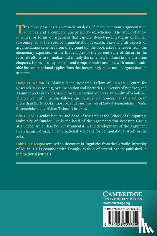 Walton, Douglas (University of Windsor, Reed, Christopher (University of Dundee), Macagno, Fabrizio (Researcher/Auxiliary Professor - Argumentation Schemes