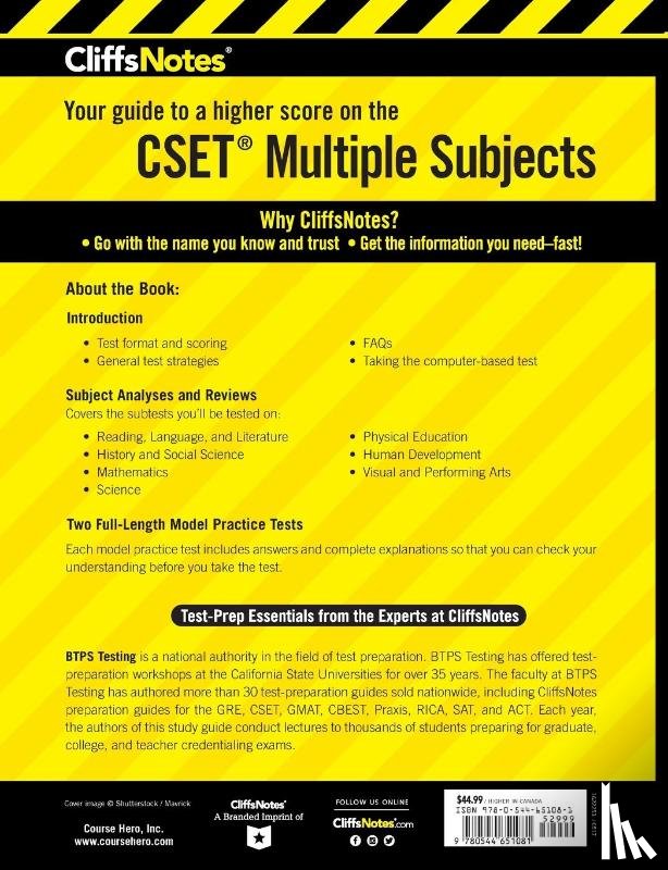 BTPS Testing, BTPS Testing - CliffsNotes CSET Multiple Subjects 4th Edition
