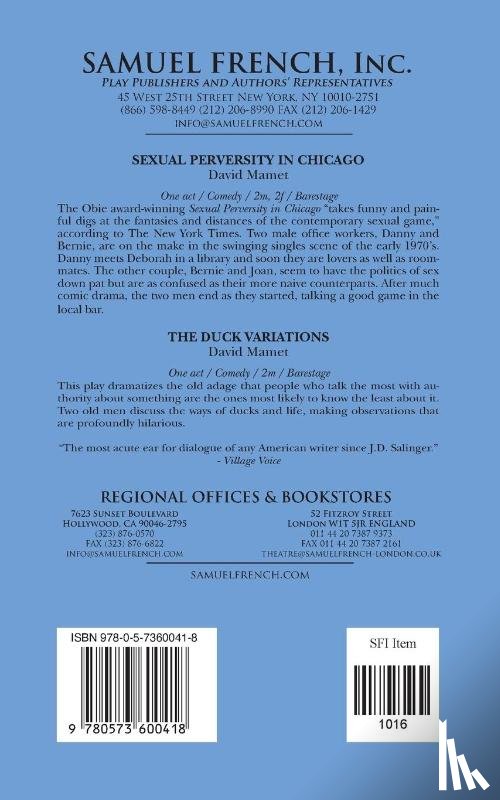 Mamet, David - "Sexual Perversity in Chicago" and "the Duck Variations": Two Plays