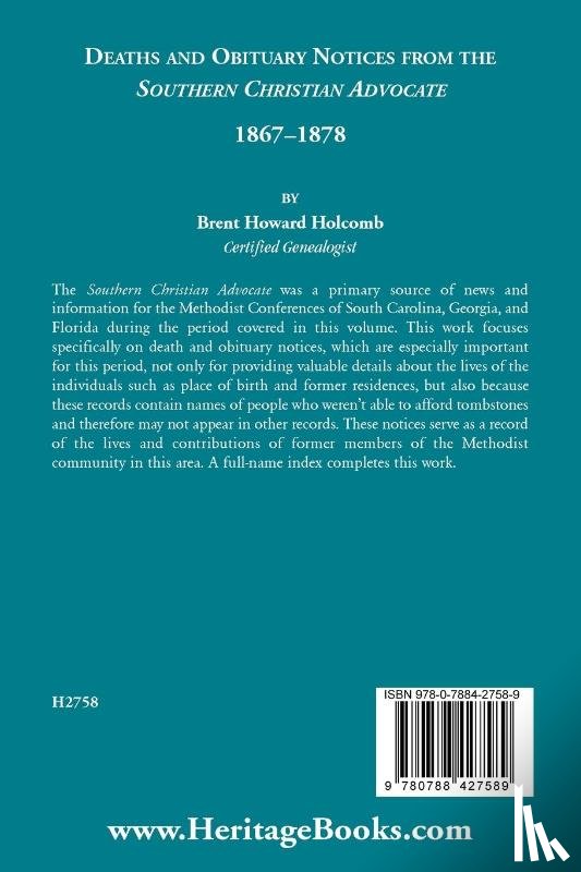 Holcomb, Brent - Deaths and Obituary Notices from the Southern Christian Advocate. 1867-1878