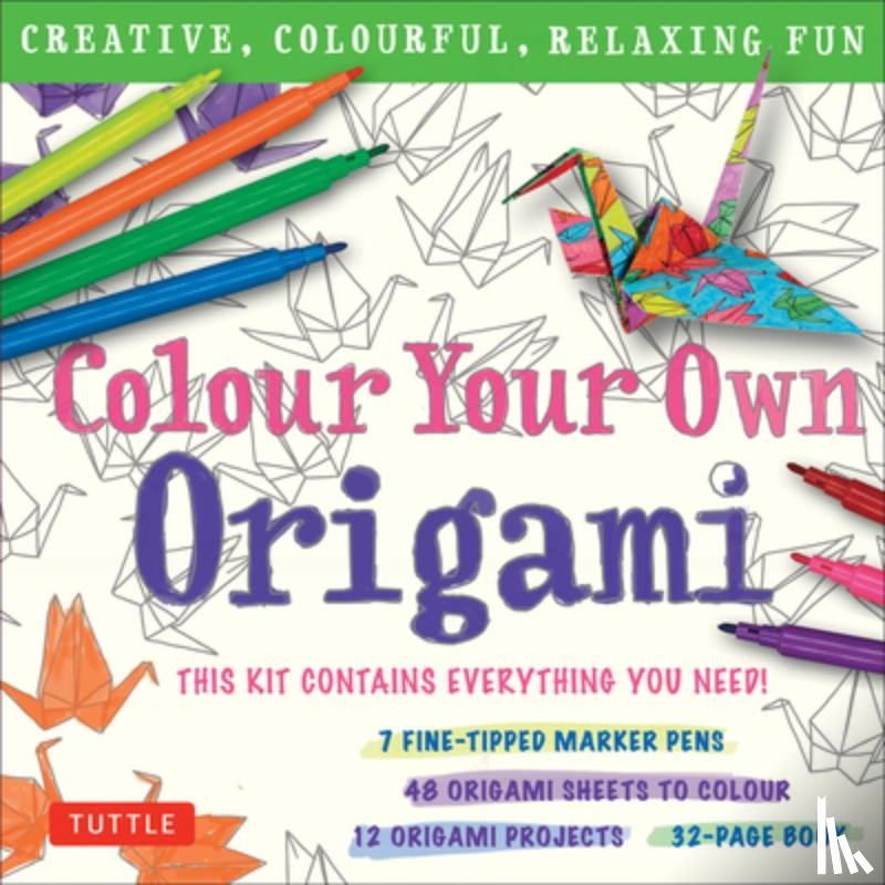 Tuttle Studio - Colour Your Own Origami Kit (British Spelling): Creative, Colourful, Relaxing Fun: 7 Fine-Tipped Markers, 12 Projects, 48 Origami Papers & Adult Colou
