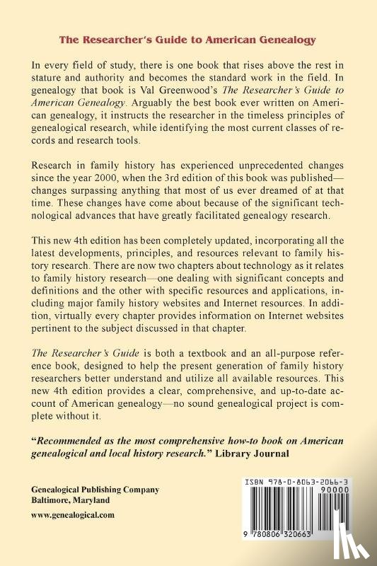 Greenwood, Val D - The Researcher's Guide to American Genealogy. 4th Edition