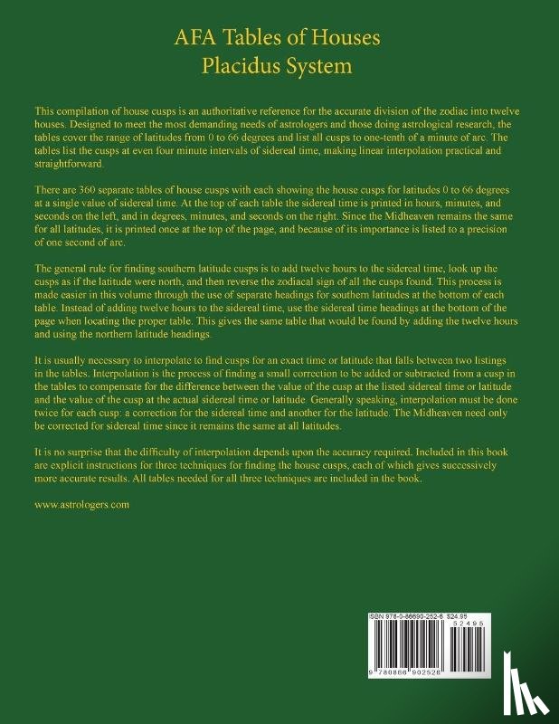 American Federation of Astrologers, Astro Numeric Service - Afa Tables of Houses: Placidus System