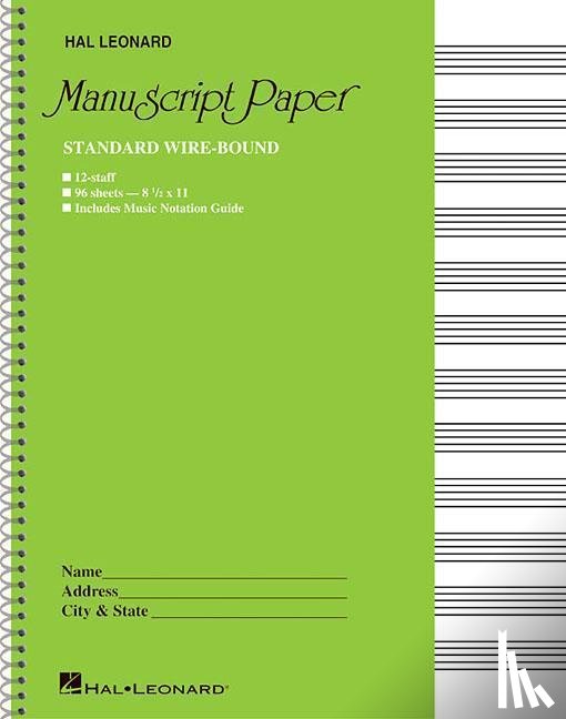  - Standard Wirebound Manuscript Paper Green Cover 12 Staves Pe