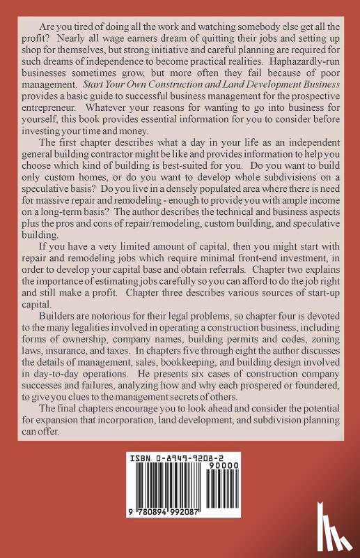 Starchild, Adam - Start Your Own Construction and Land Development Business