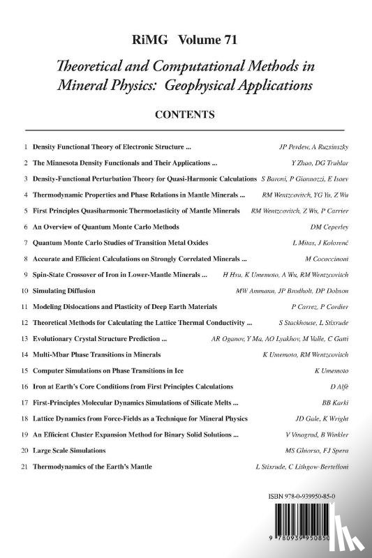  - Theoretical and Computational Methods in Mineral Physics