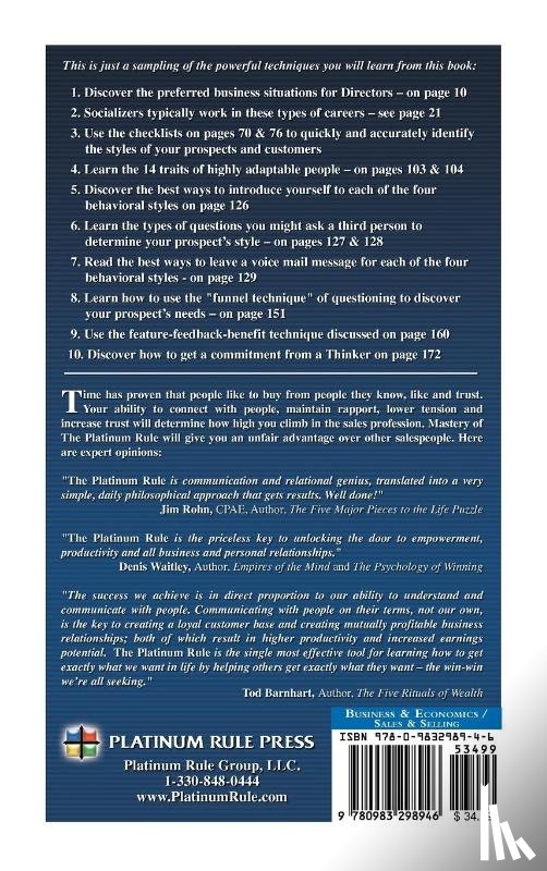 Alessandra, Tony, Scott, Zimmerman Michael, Joseph, "Mick" La Lopa - The Platinum Rule for Sales Mastery Hardback Book