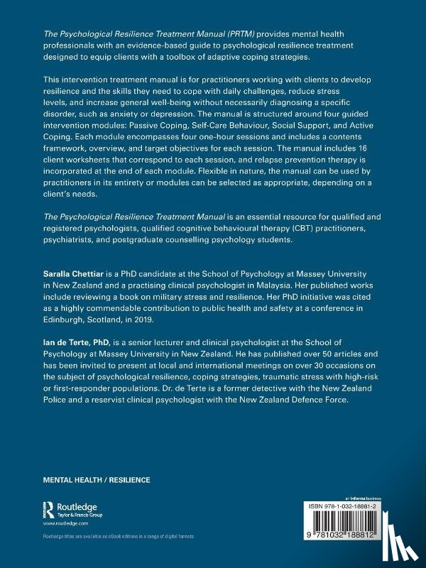 Chettiar, Saralla (Massey University, Terte, Ian de (Massey University - The Psychological Resilience Treatment Manual