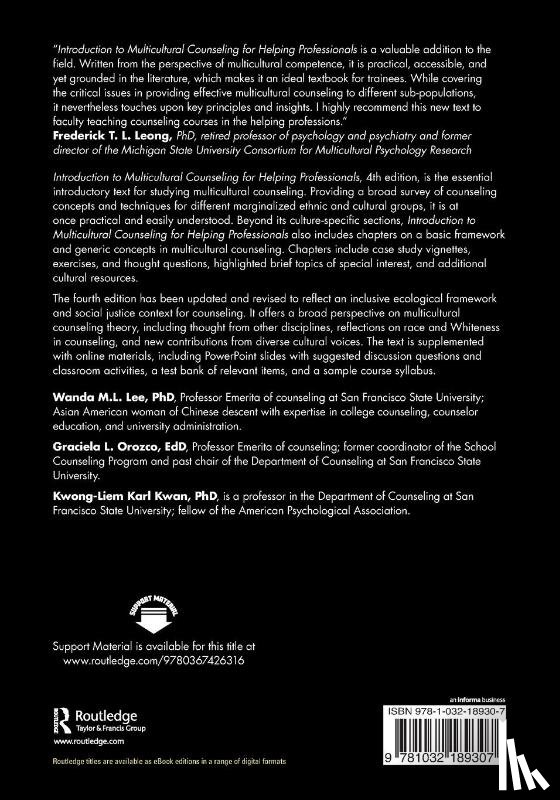 Lee, Wanda M.L. (San Francisco State University), Orozco, Graciela L. (San Francisco State University, Kwan, Kwong-Liem Karl (San Francisco State University - Introduction to Multicultural Counseling for Helping Professionals