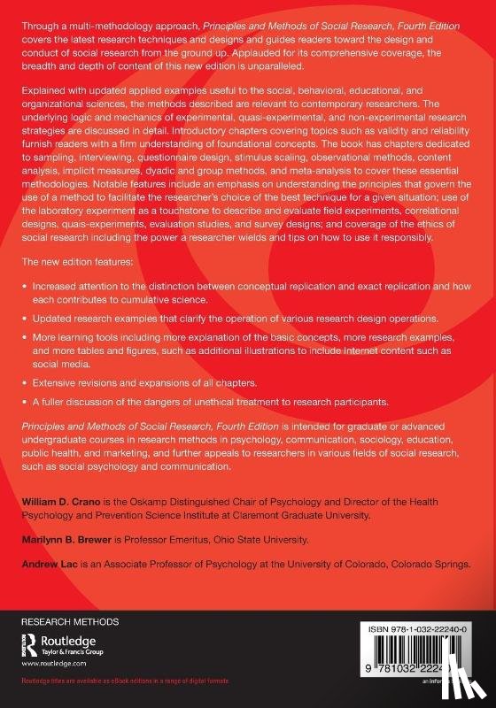 Crano, William D. (Claremont Graduate University, Brewer, Marilynn B. (Ohio State University, Lac, Andrew (Claremont Graduate University - Principles and Methods of Social Research