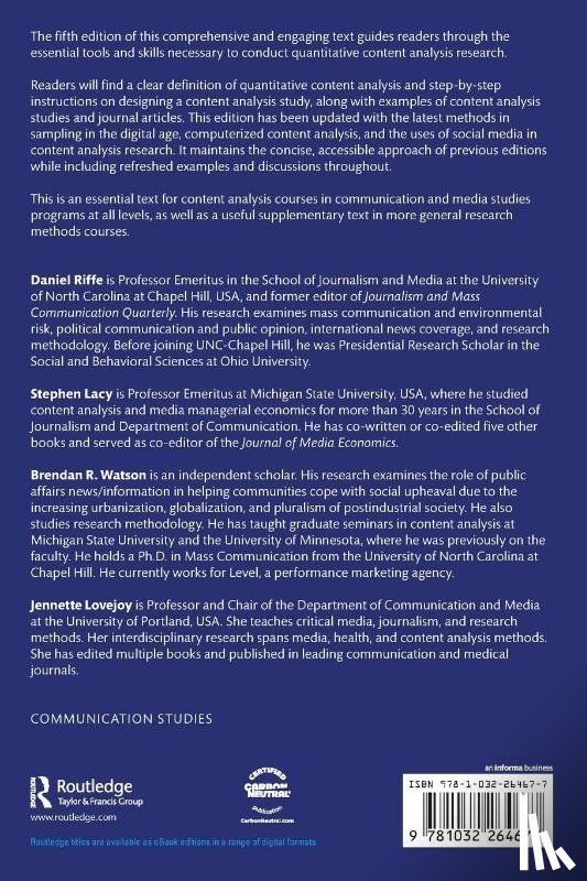 Riffe, Daniel (University of North Carolina, Lacy, Stephen (Michigan State University. USA), Watson, Brendan R., Lovejoy, Jennette (University of Portland - Analyzing Media Messages