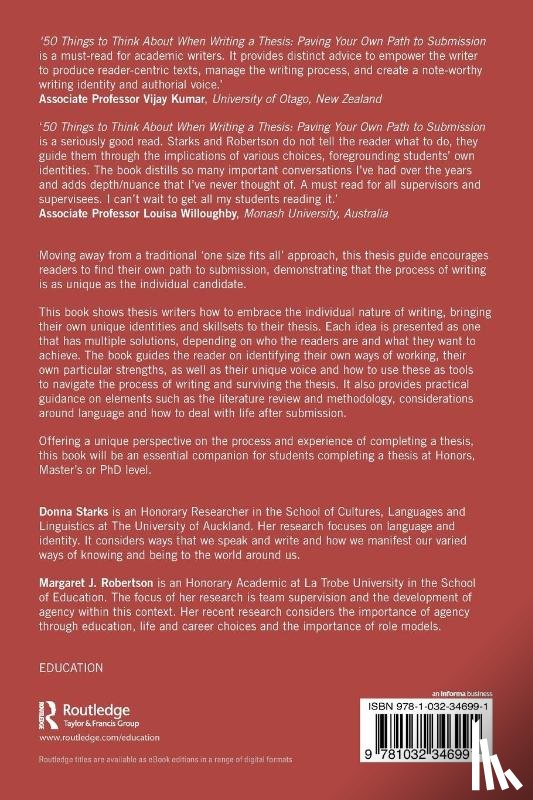 Starks, Donna (Universty of Auckland, Robertson, Margaret J. (La Trobe University - 50 Things to Think About When Writing a Thesis