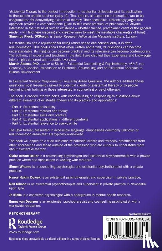 Arnold-Baker, Claire (New School of Psychotherapy and Counselling, Wharne, Simon (New School of Psychotherapy and Counselling, Dowek, Nancy Hakim (New School of Psychotherapy and Counselling, Gibson, Neil - Existential Therapy