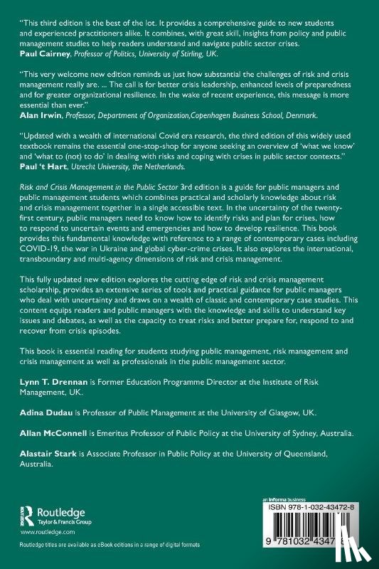 Drennan, Lynn T. (Alarm (the Public Risk Management Association), Dudau, Adina, McConnell, Allan (University of Sydney, Stark, Alastair - Risk and Crisis Management in the Public Sector