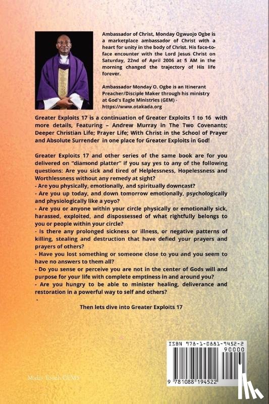 Murray, Andrew, Ogbe, Ambassador Monday O., Muller, George - Greater Exploits - 17 Featuring - Andrew Murray in the two Covenants; Deeper Christian Life; ..