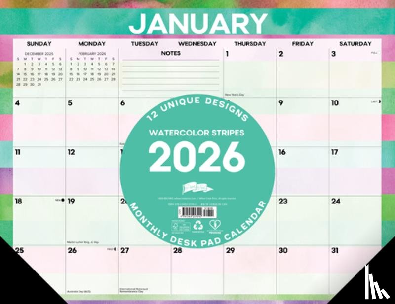 Willow Creek Press - Watercolor Stripes 2026 22 X 17 Large Monthly Deskpad