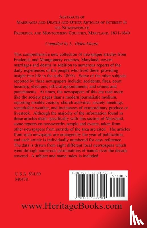 Moore, L Tilden, Moore, Larry Tilden - Abstracts of Marriages and Deaths ... in the Newspapers of Frederick and Montgomery Counties, Maryland, 1831-1840