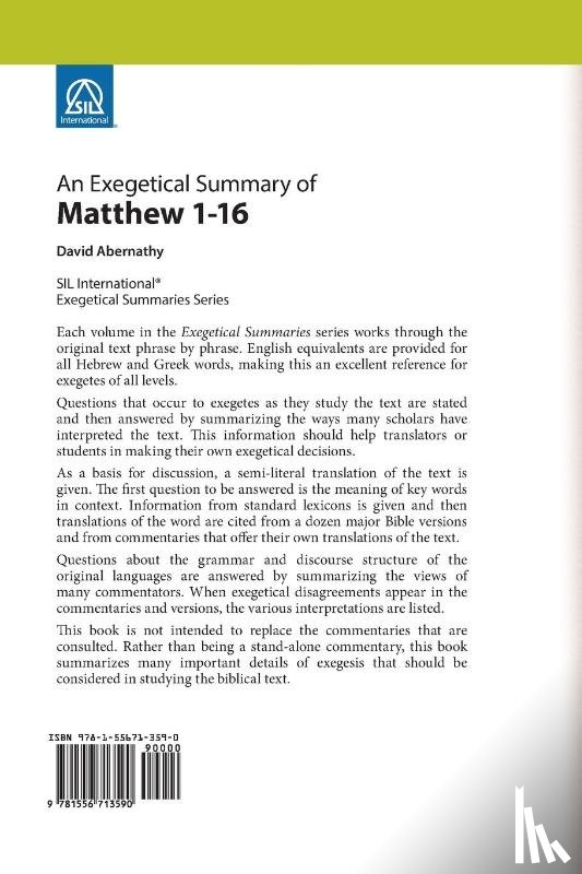 Abernathy, Dr David (Warren Wilson College - An Exegetical Summary of Matthew 1-16
