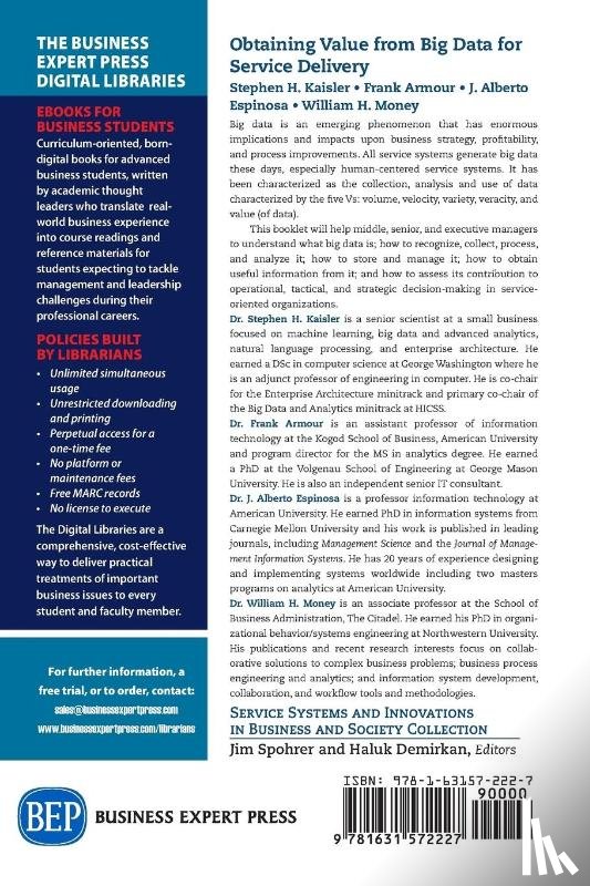 Kaisler, Stephen H., Armour, Frank - Obtaining Value from Big Data for Service Delivery