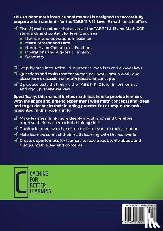 Coaching for Better Learning - TABE 11 and 12 Student Math Manual and Practice Tests for Level E