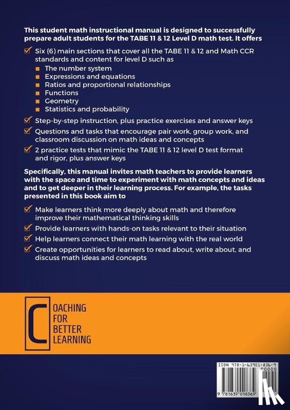Coaching for Better Learning - TABE 11 and 12 Student Math Manual and Practice Tests for Level D