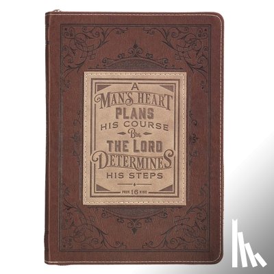 Christian Art Gifts Inc - Classic Faux Leather Journal a Man's Heart Proverbs 16:9 Bible Verse Brown Inspirational Notebook, Lined Pages W/Scripture, Ribbon Marker, Zipper Clos