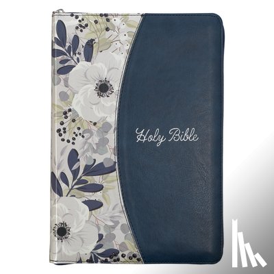 Christian Art Gifts - KJV Holy Bible, Thinline Large Print Faux Leather Red Letter Edition Thumb Index Ribbon Marker, King James Version, Blue Printed Floral, Zipper Closur