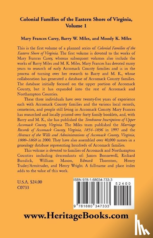 Carey, Mary Frances, Miles, Barry W, Miles, Moody K - Colonial Families of the Eastern Shore of Virginia, Volume 1