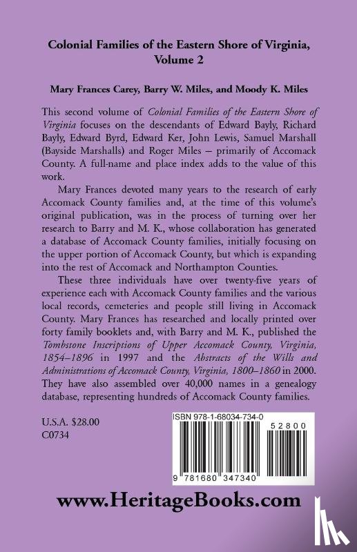 Carey, Mary Frances, Miles, Barry W, Miles, Moody K - Colonial Families of the Eastern Shore of Virginia, Volume 2