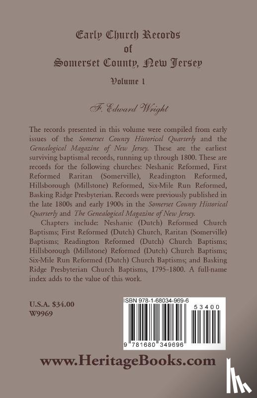 Wright, F Edward - Early Church Records of Somerset County, New Jersey, Volume 1