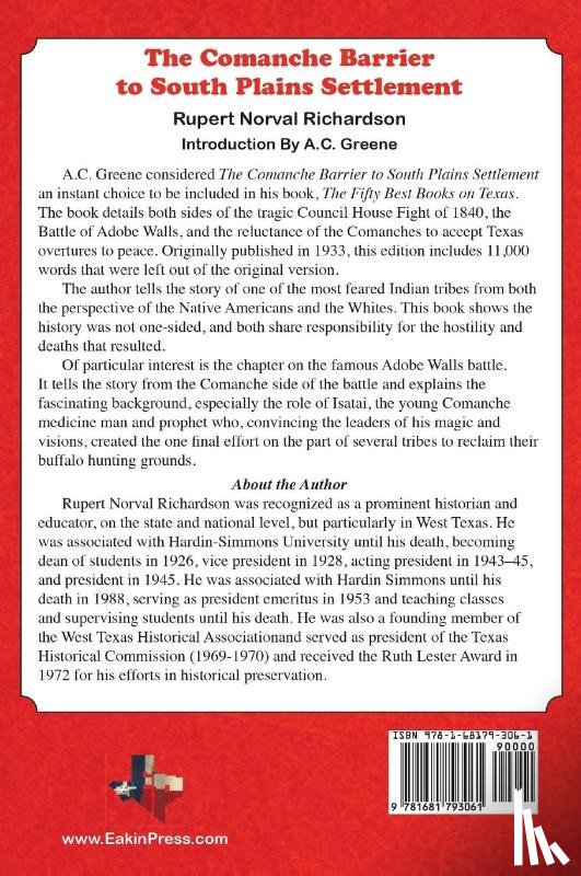 Richardson, Rupert Noval - The Comanche Barrier to South Plains Settlement