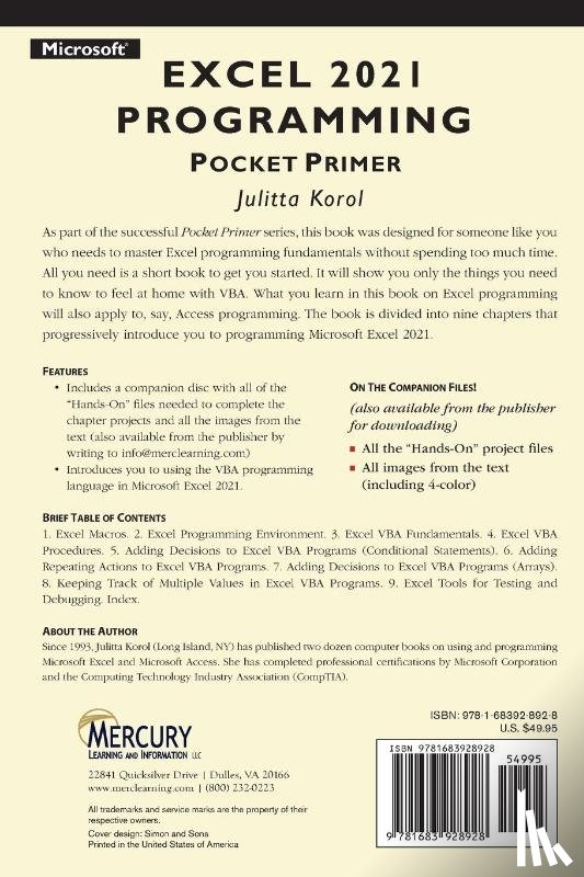 Korol, Julitta - Microsoft Excel 2021 Programming Pocket Primer