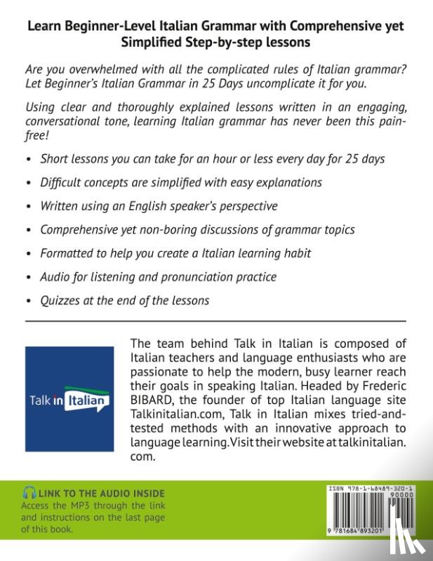 Talk in Italian - Italian Grammar for Beginners Textbook + Workbook Included