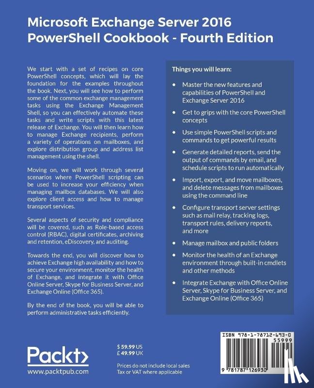 Andersson, Jonas, Mota, Nuno, Pfeiffer, Mike - Microsoft Exchange Server 2016 PowerShell Cookbook - Fourth Edition