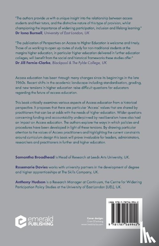 Broadhead, Sam (Leeds Arts University, Davies, Rosemarie (The Skills Company, Hudson, Anthony (University of East London - Perspectives on Access to Higher Education