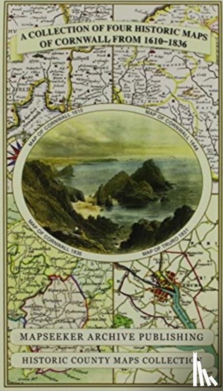 Mapseeker Publishing Ltd. - Cornwall 1611 - 1836 - Fold Up Map that features a collection of Four Historic Maps, John Speed's County Map 1611, Johan Blaeu's County Map of 1648, Thomas Moules County Map of 1836 and Robert Dawson's Reform Act Plan of Truro 1831. The maps are sur