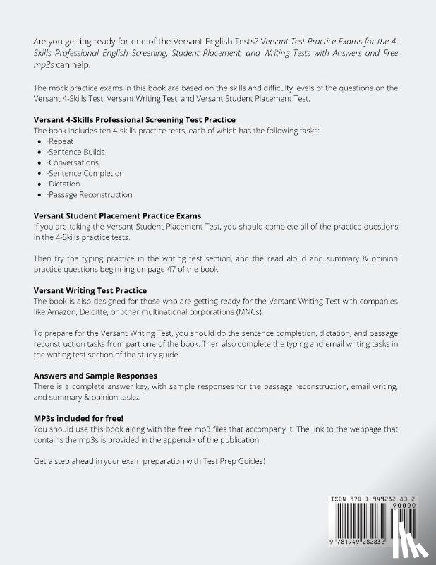 Test Prep Guides - Versant Test Practice Exams for the 4-Skills Professional English Screening, Student Placement, and Writing Tests with Answers and Free mp3s