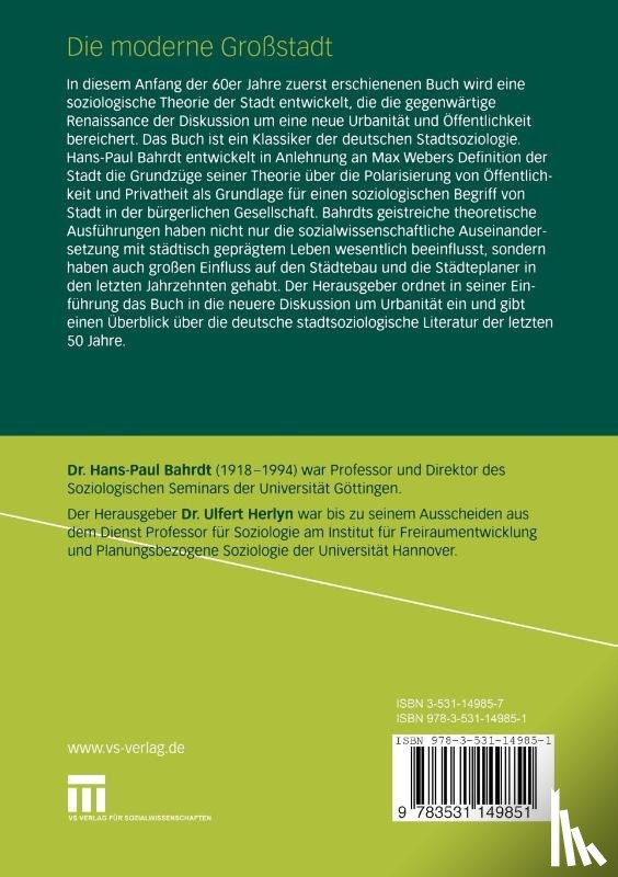 Hans Paul Bahrdt, Ulfert Herlyn - Die Moderne Grossstadt