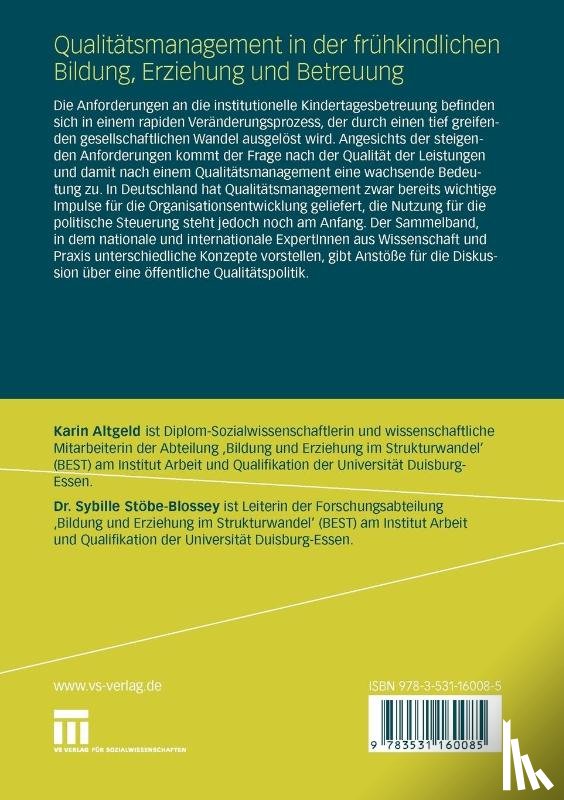 Karin Altgeld, Sybille Stoebe-Blossey - Qualitatsmanagement in Der Fruhkindlichen Bildung, Erziehung Und Betreuung
